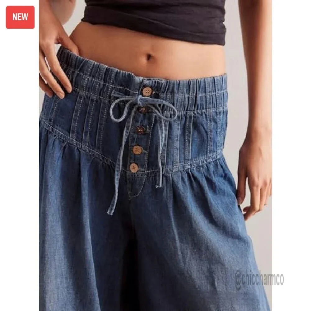 Women's Baggy Wide Leg Denim Pants Drawstring Midi Waisted Flare Jeans - Picture 5 of 8